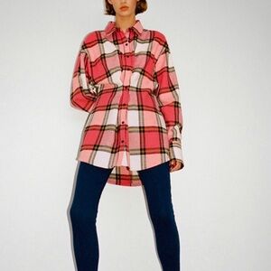 Zara Flannel Check Plaid Pink Pleated Shirt Tunic Pink XS Ref 6929/253